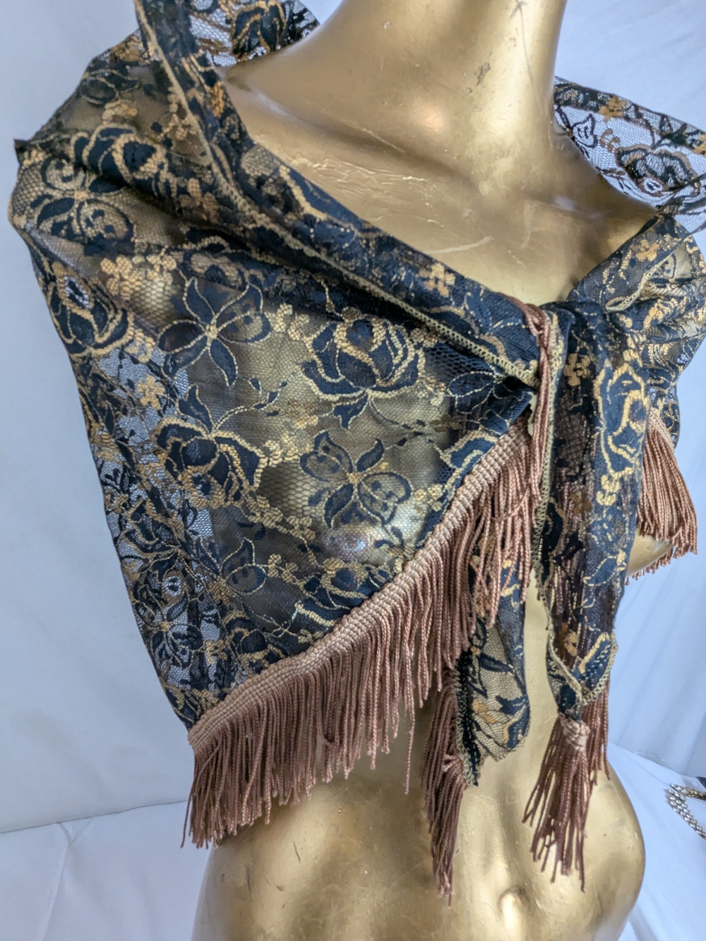 Elegant Black and Gold Lace Fringe Shawl/Wrap/Scarf